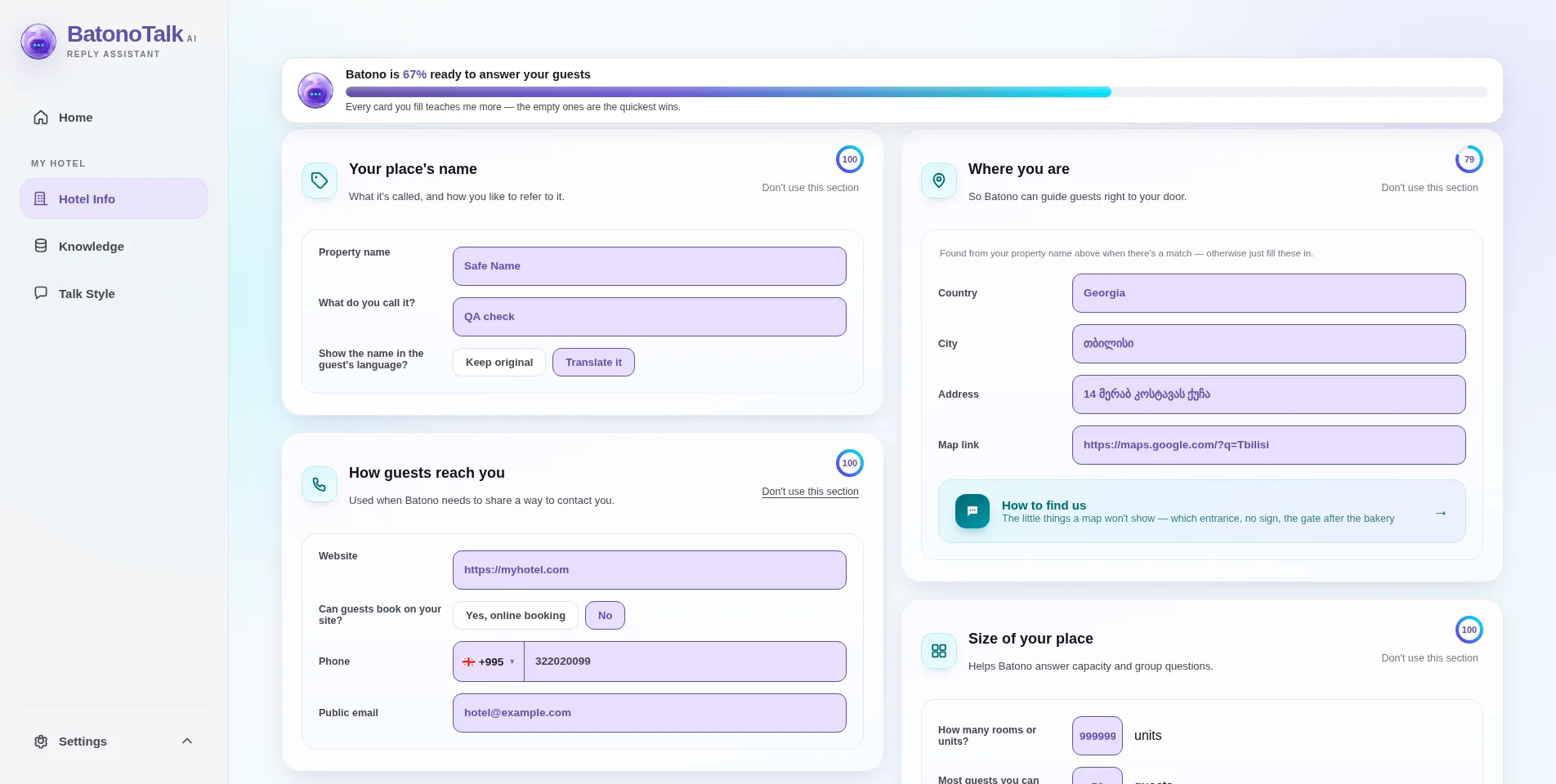 BatonoTalk dashboard — the Hotel Info form: parking, pets, getting around, each saved for Batono